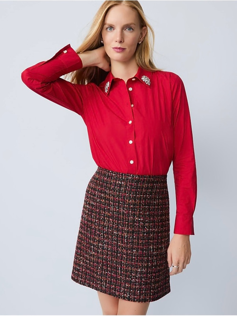 Ann Taylor Red Blouse with Crystal Embellished Collar